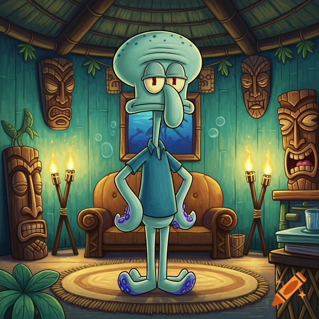 Displeased Squidward stands with hands on hips in a vibrant, cartoon tiki room with wooden masks, torches, and an underwater view.
