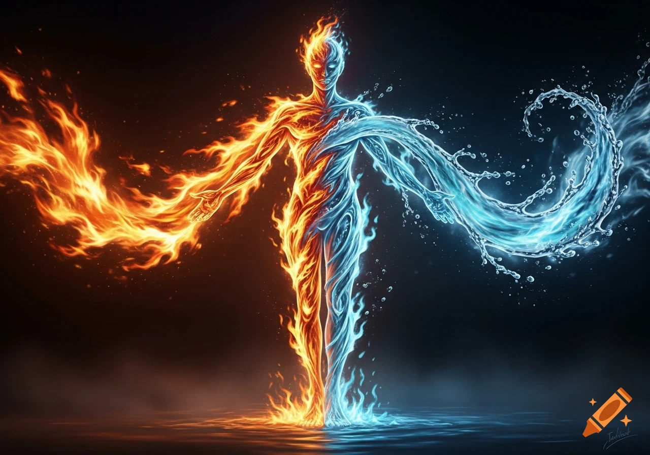 A stylized humanoid figure split vertically, with the left half made of fiery orange flames and the right half of swirling blue water, against a dark background.