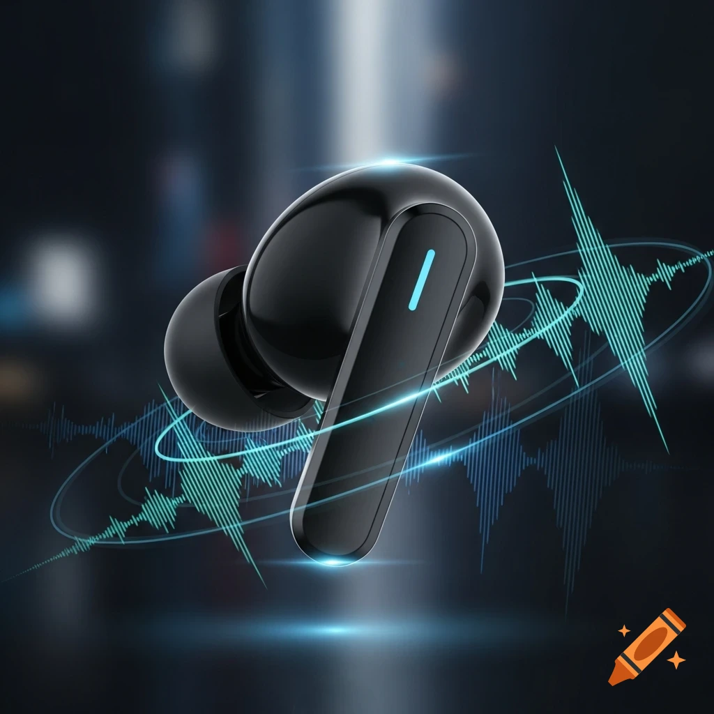 A sleek black wireless earbud with a glowing blue light, surrounded by teal sound waves on a dark, blurred background.