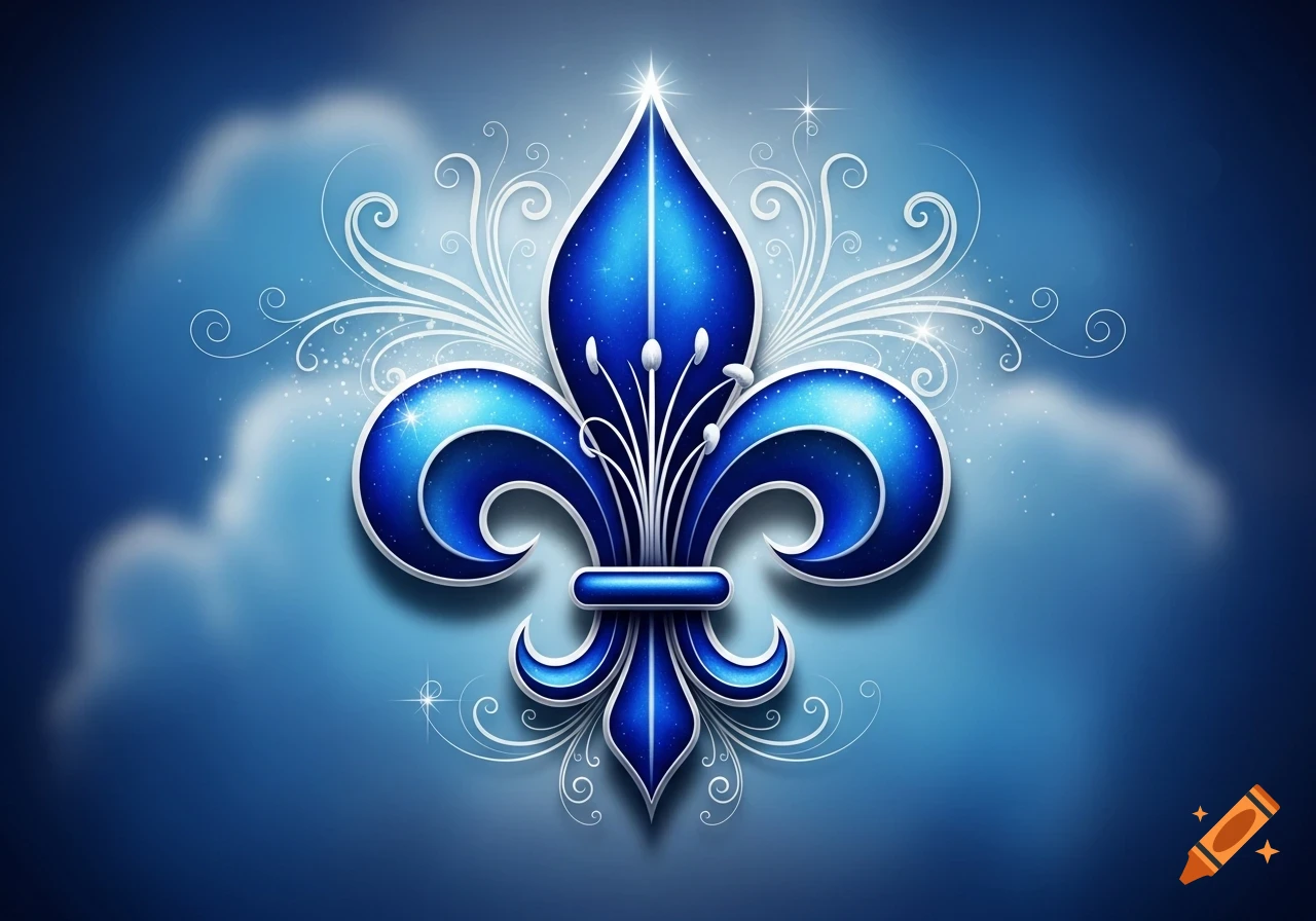 A glittery blue fleur-de-lys with white intricate swirls on a gradient blue background with subtle clouds.