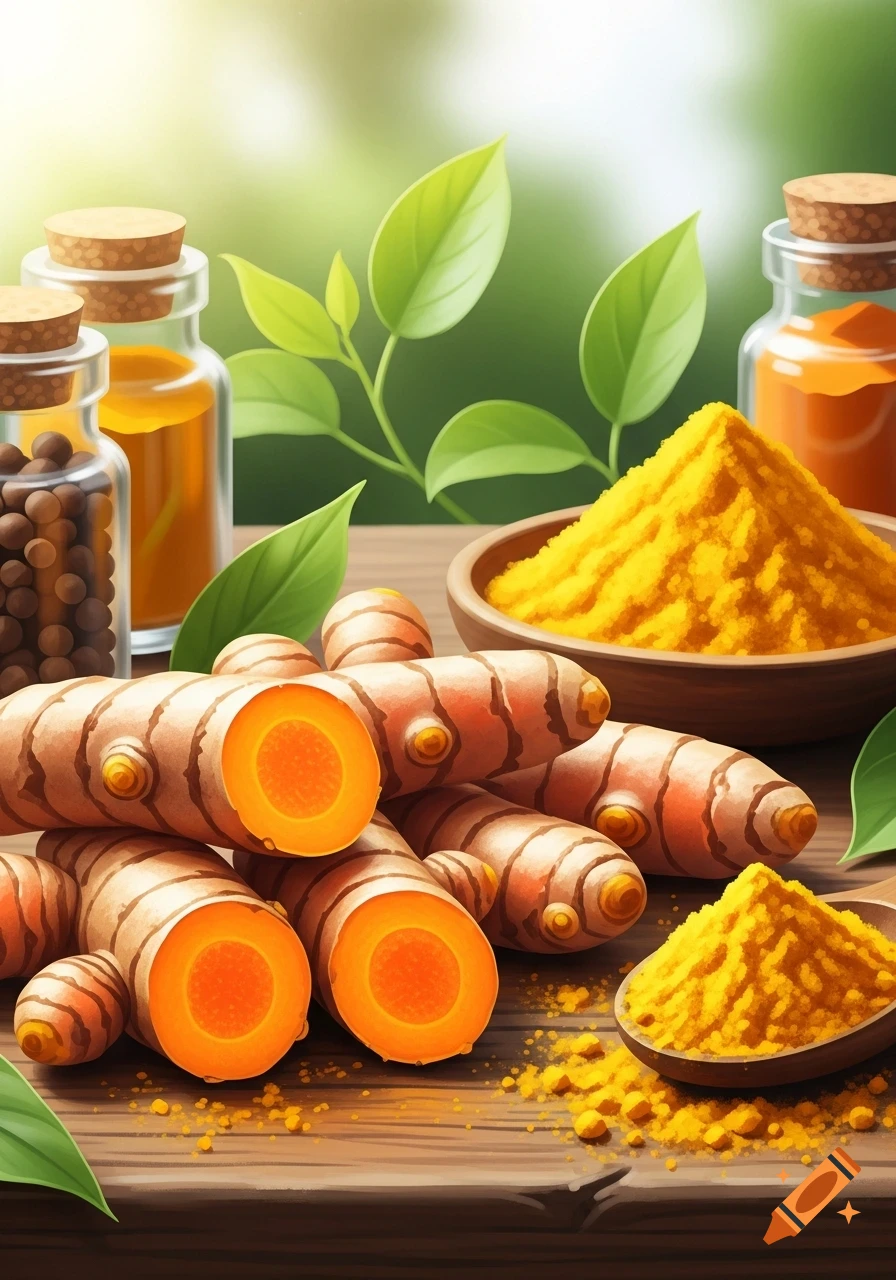 Fresh turmeric roots, cut and whole, alongside ground turmeric powder in bowls and jars on a wooden surface with green leaves.