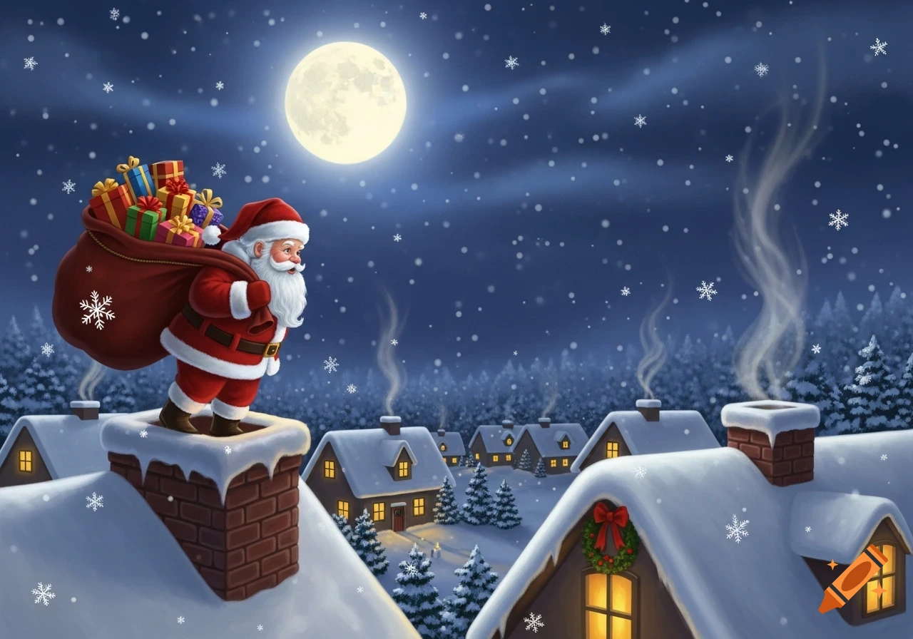 Santa Claus on a snowy chimney with a sack of gifts, overlooking a snow-covered village under a full moon and falling snow. Illustration.