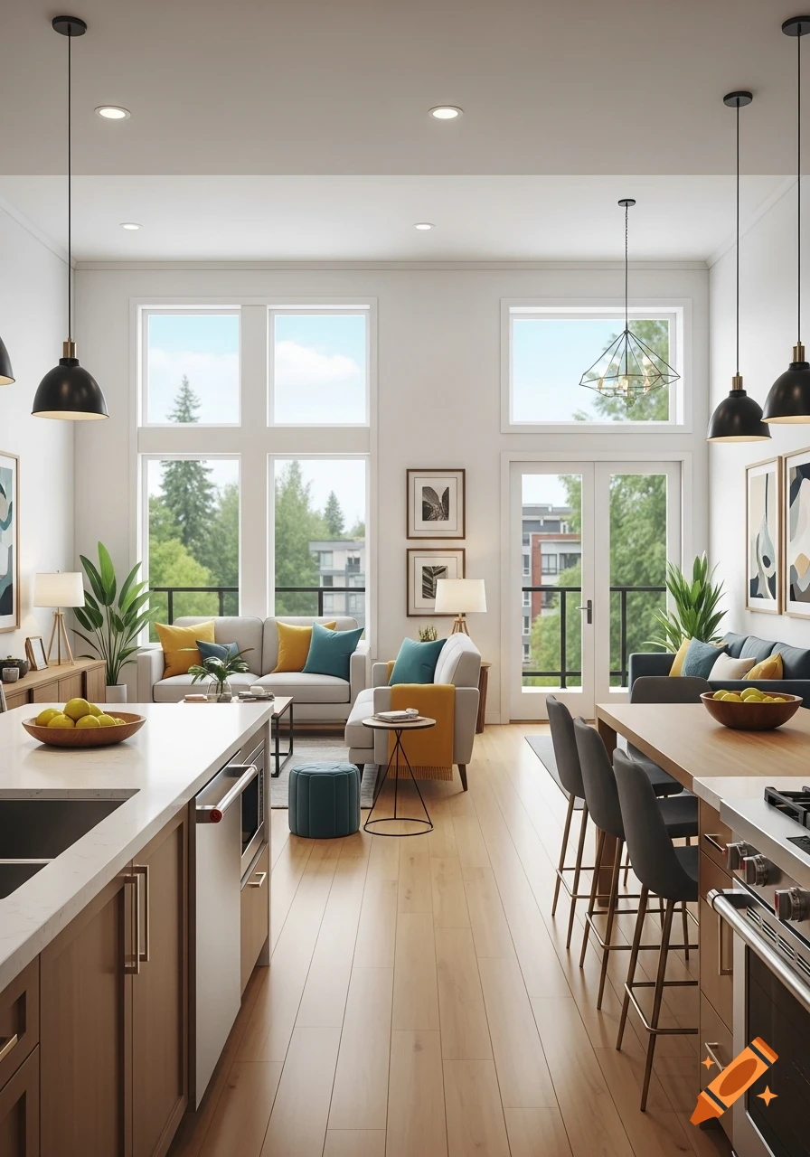 Photorealistic bright, modern open-concept living room and kitchen with tall windows, light wood floors, and stylish decor.