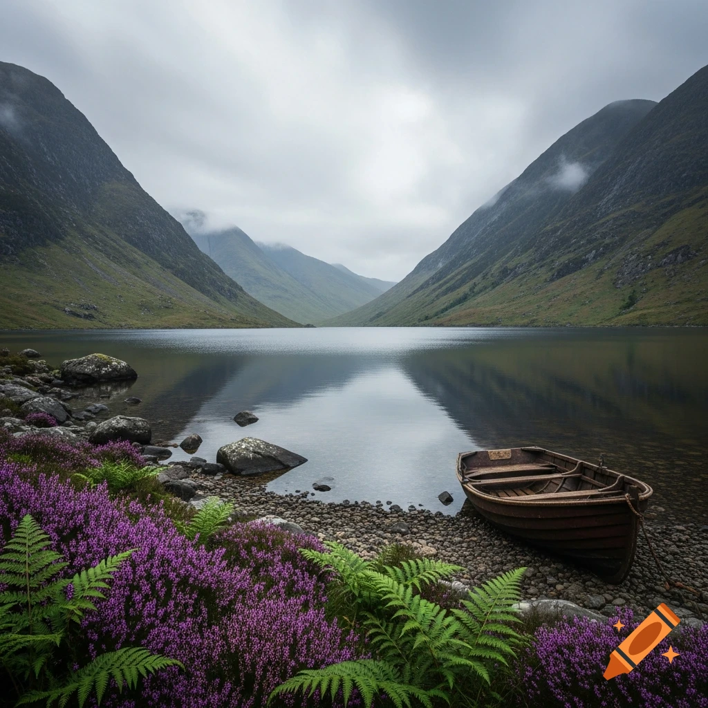 A wooden rowboat rests on a rocky shore beside a Scottish loch, surrounded by purple heather and green ferns, under a cloudy sky with misty mountains.