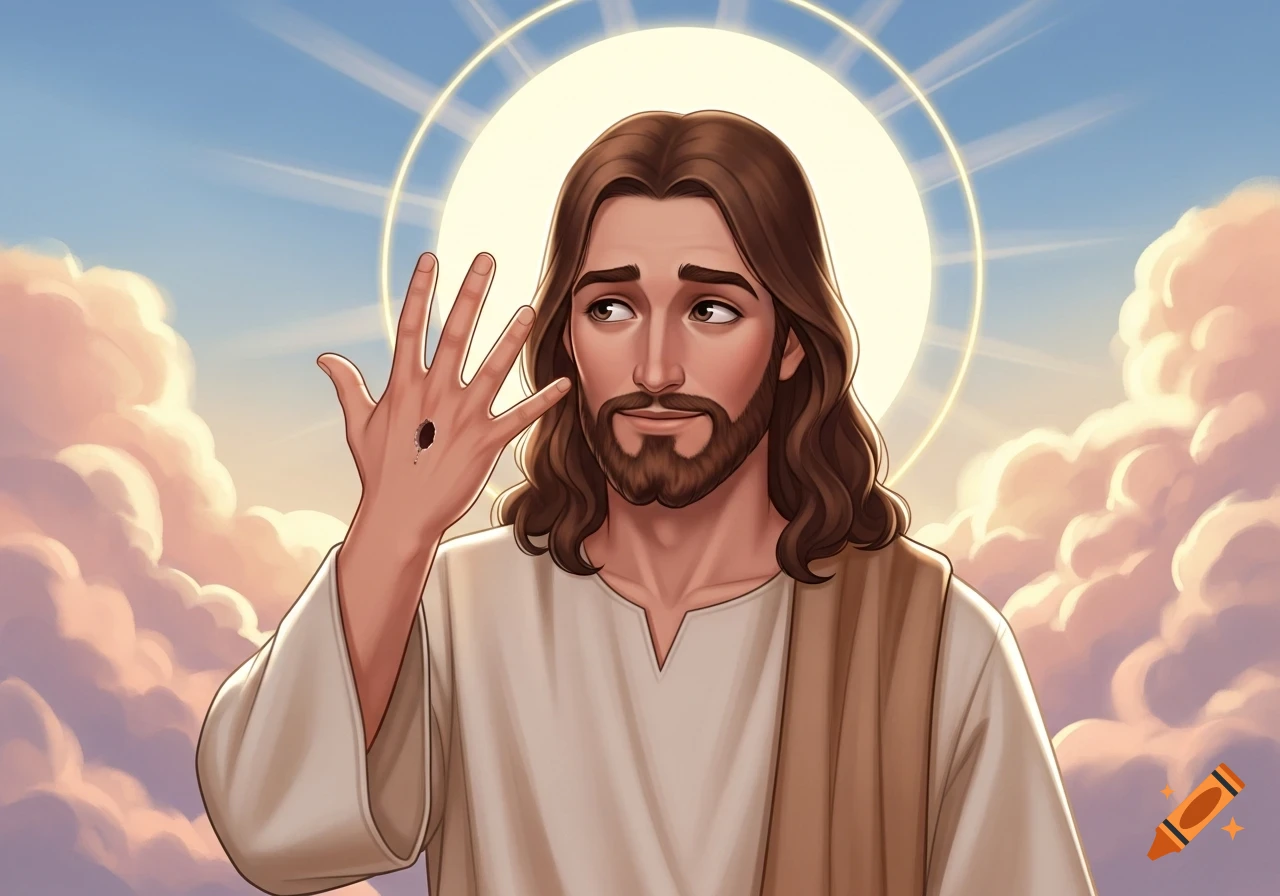 An illustration of Jesus with a hole in his palm, looking upwards against a sky with clouds and a halo.