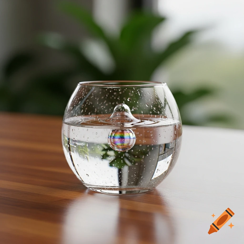 A clear round glass filled with water, featuring a colorful rainbow sphere and water droplets, creating a splash at the surface. Photorealistic.