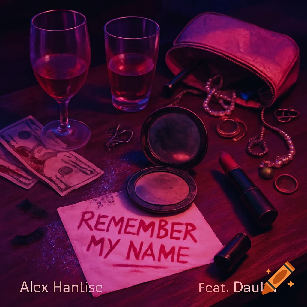An after-party scene with a note reading "REMEMBER MY NAME" in red lipstick, flanked by alcohol glasses, money, jewelry, makeup, and false eyelashes on a table in neon purple and pink light.