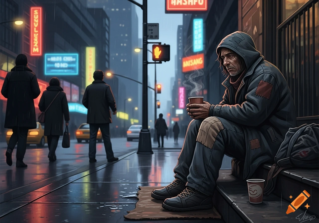 A homeless person sits on city steps in the rain, holding a cup of hot coffee, surrounded by blurred city lights and reflections.
