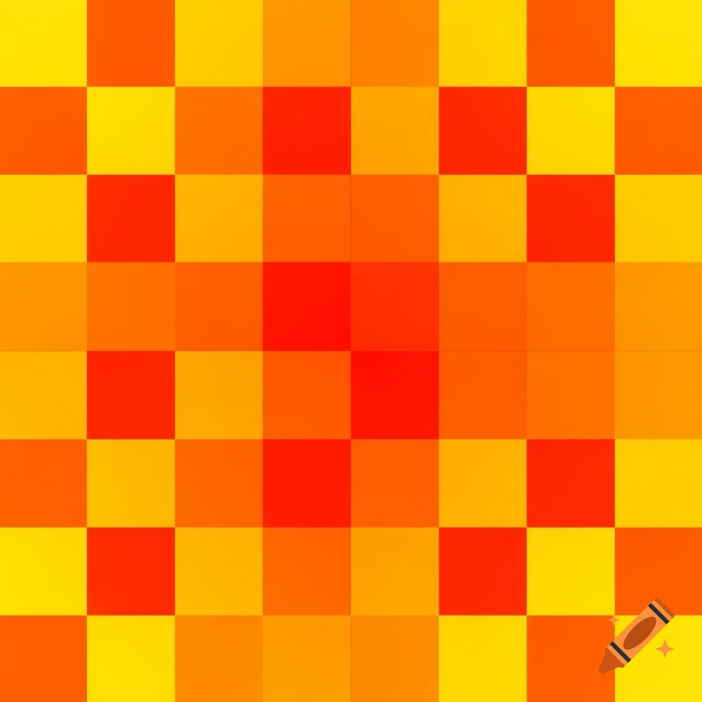 A checkered pattern made of squares in shades of orange, red-orange, and yellow.