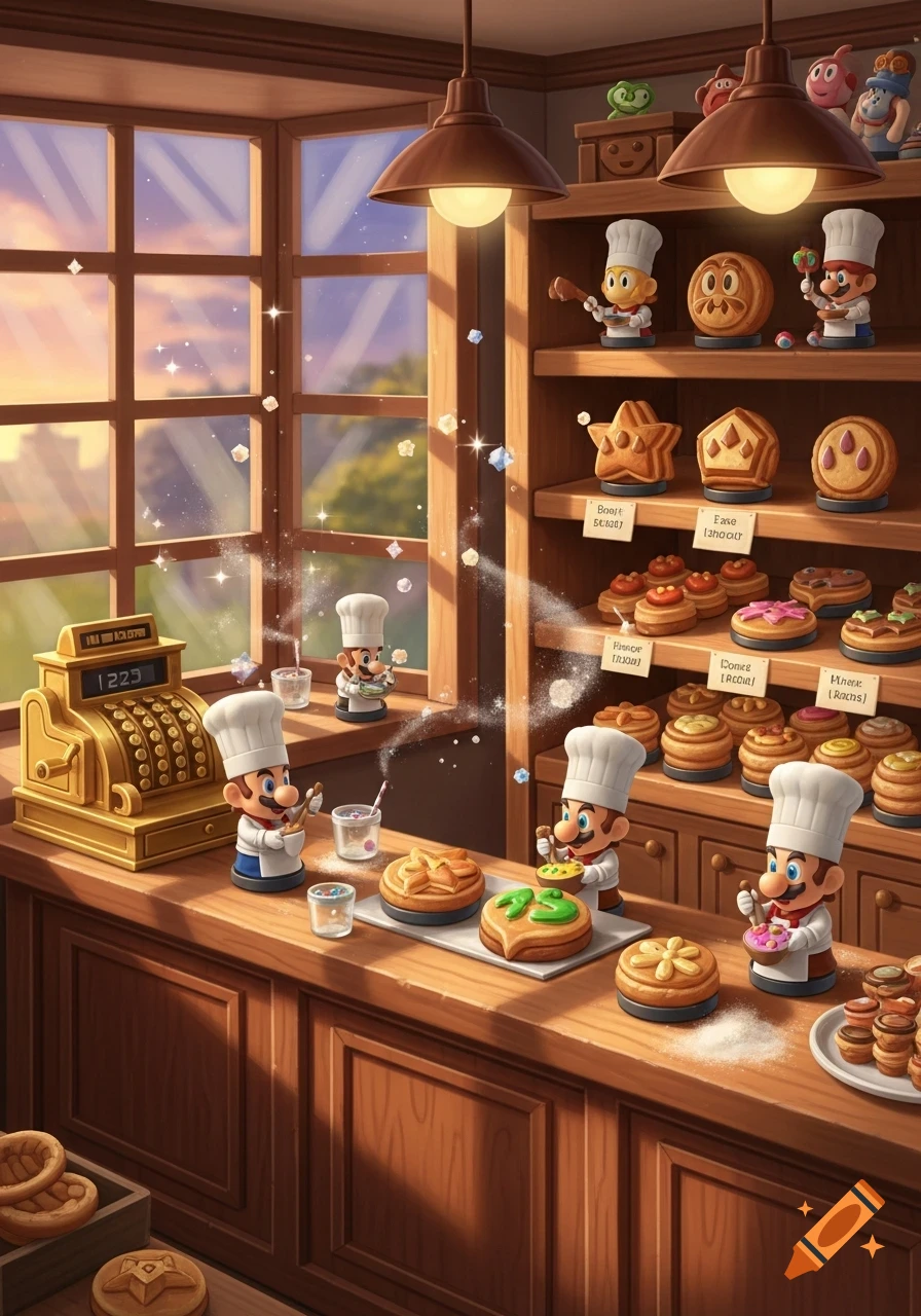 Cartoon Mario-like figures in chef hats bake pastries in a charming, detailed bakery with shelves of baked goods and a cash register.