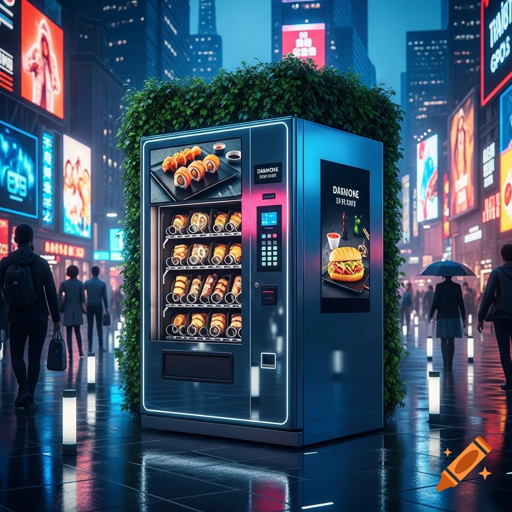 A futuristic food vending machine, covered in lush green foliage, stands prominently on a wet city street at night, illuminated by neon signs and city lights. It offers sushi, burgers, and pastries.