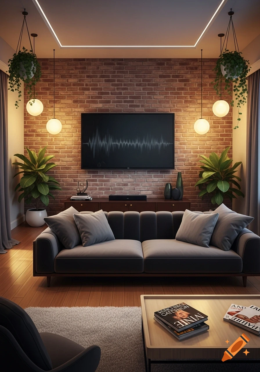 Photorealistic image of a modern living room with a grey couch, brick wall, TV with sound waves, hanging plants, and a coffee table.