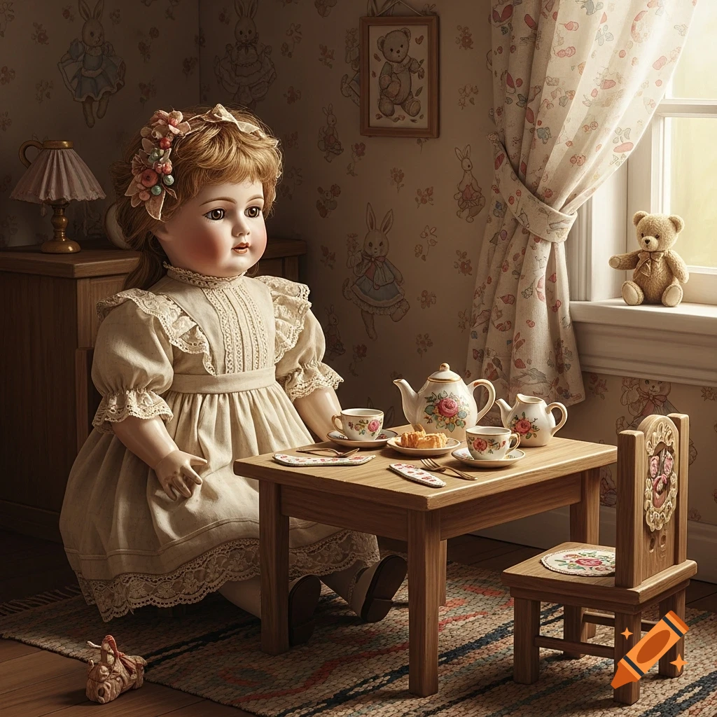 A vintage doll in a cream dress sits at a small table with a tea set in a sunlit child's room.