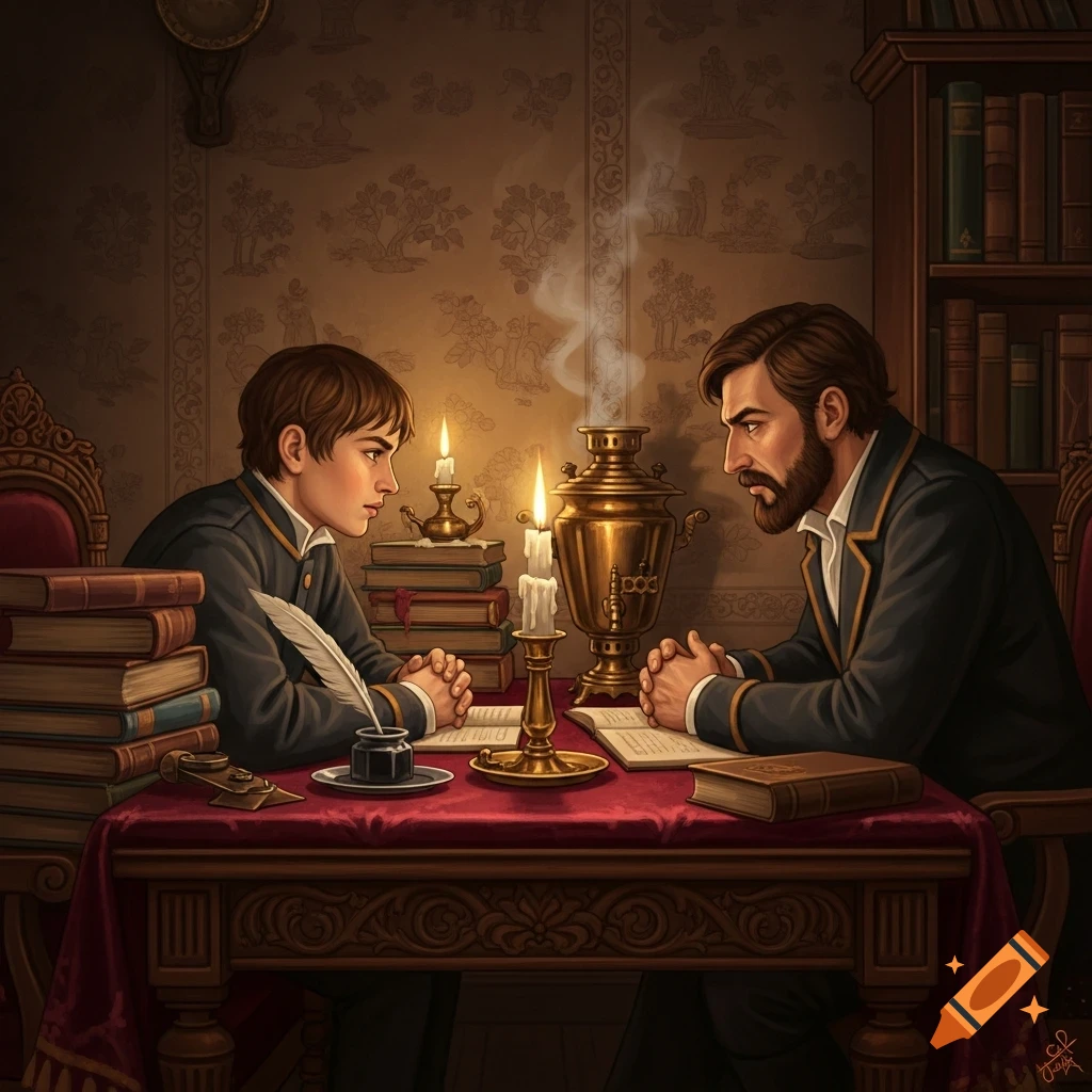 A classical art-style illustration of a young man writing with a quill and an older bearded man talking at a candlelit table, surrounded by books.