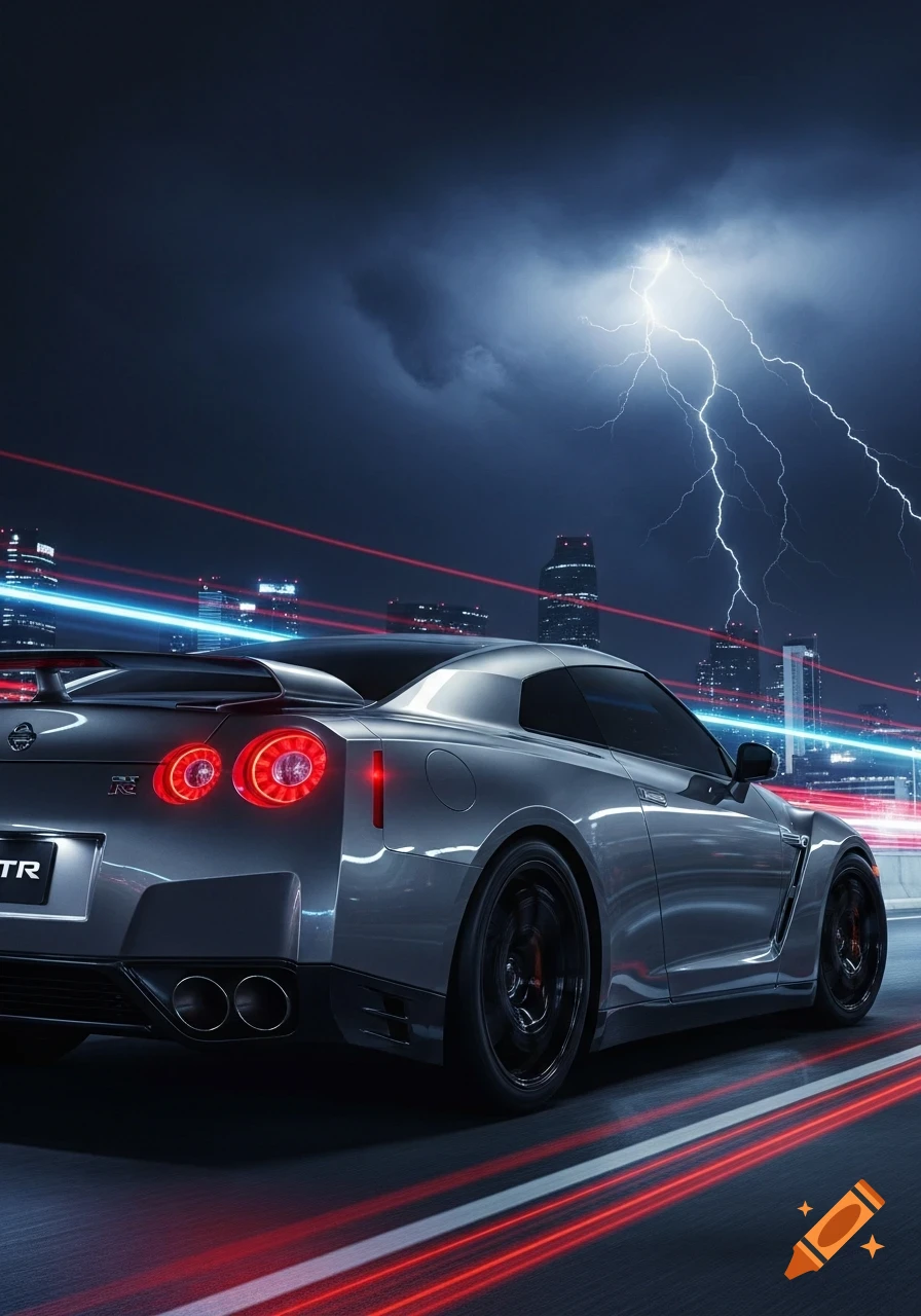 A photorealistic grey Nissan GTR sports car speeds on a city road at night, with red and blue light trails, a city skyline, and lightning in the dark sky.