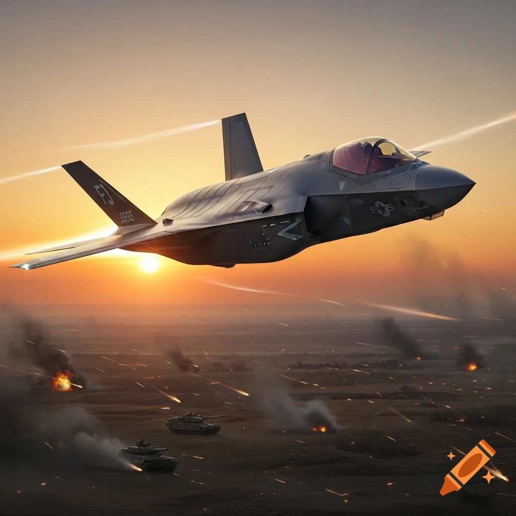 A photorealistic F-35 Lightning II jet flies low over a battlefield with tanks and explosions during sunset.