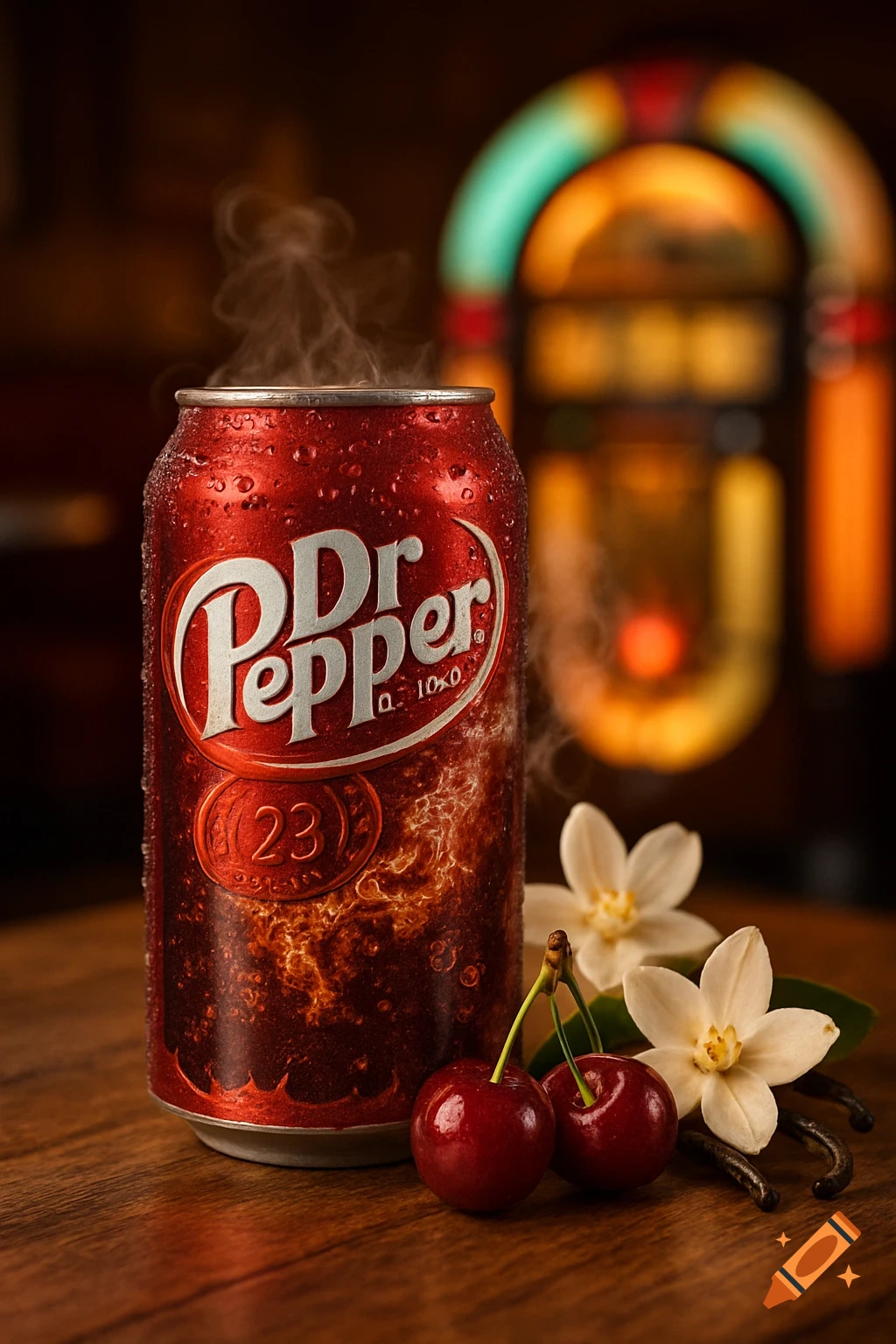 Photorealistic Dr. Pepper can with steam and condensation, accompanied by cherries, vanilla beans, and white flowers on a wooden table, with a blurred jukebox in the background.