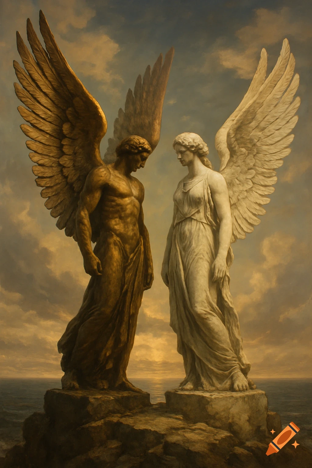 Two winged classical statues, a male in bronze and a female in white, stand on a rocky cliff overlooking the sea under a dramatic sky.