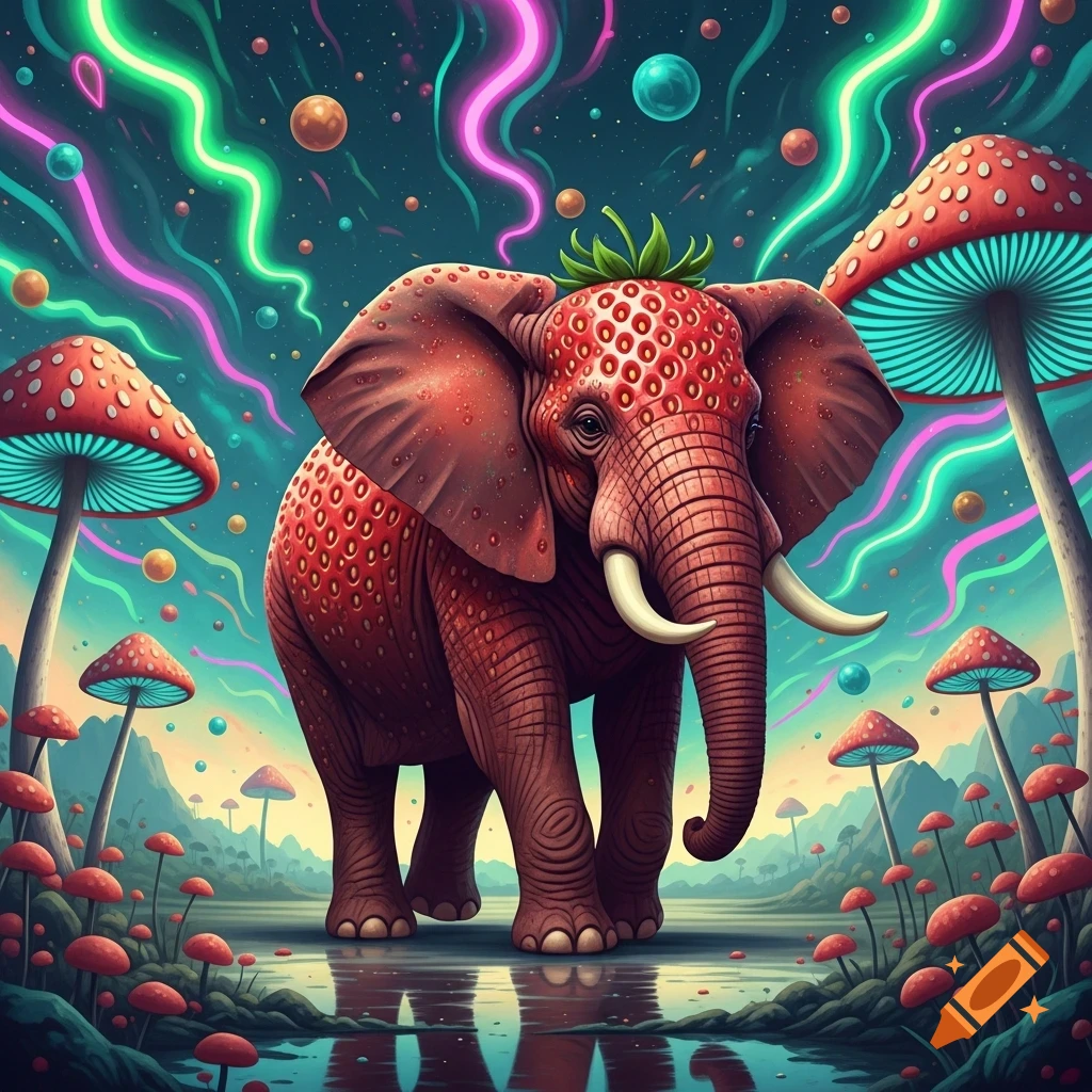 A surreal red elephant with strawberry texture and a leafy crown stands in a psychedelic landscape with glowing mushrooms and neon lights, reflecting in water.