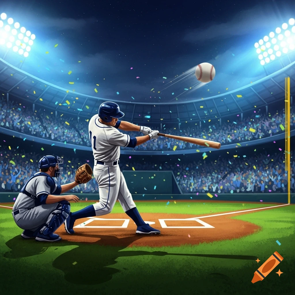 A baseball player in a stadium hits a homerun with a catcher behind him, confetti falling.