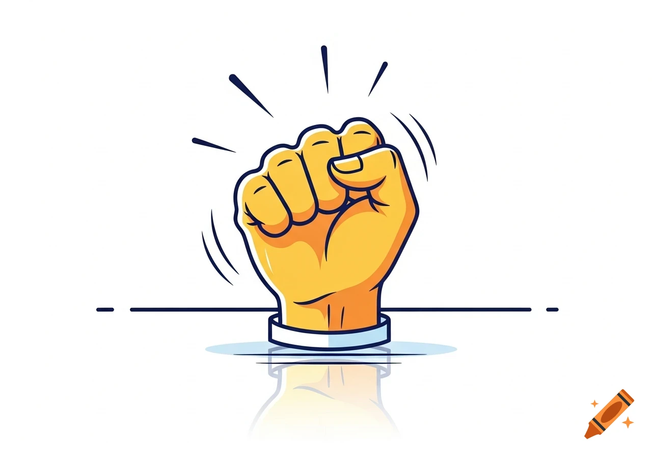 A stylized illustration of a yellow hand forming a fist, knocking on a surface with motion lines, on a white background.