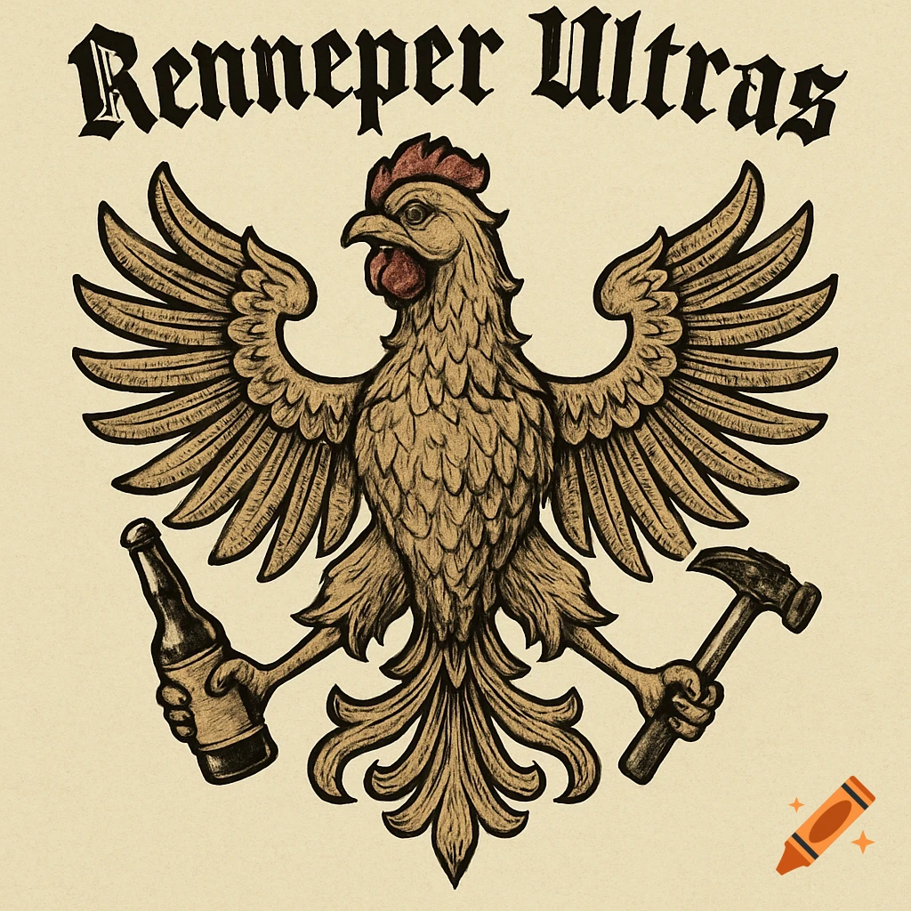 A stylized rooster-like eagle emblem with spread wings, holding a beer bottle and a hammer, with "Renneper Ultras" text above.