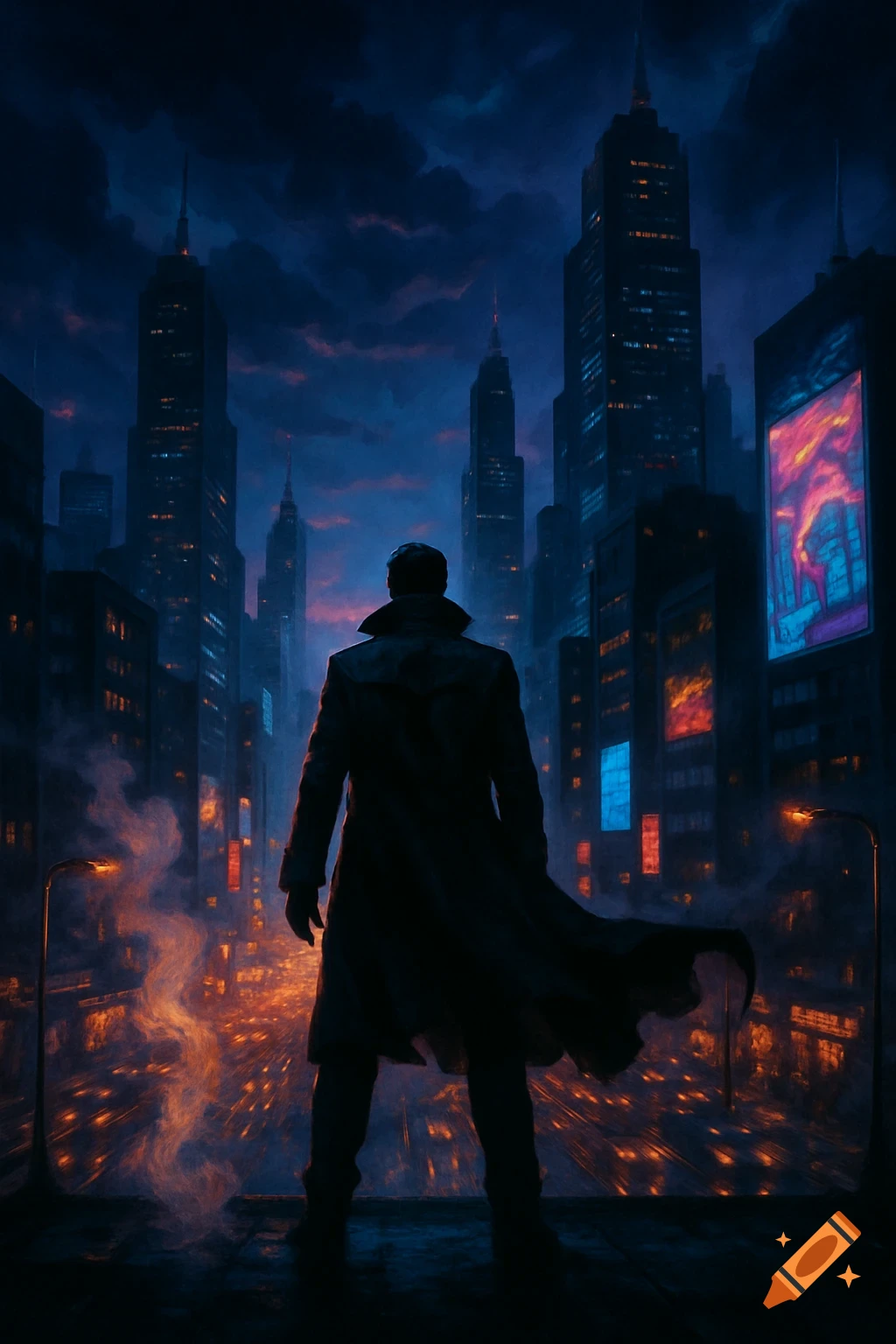 A solitary figure in a trench coat stands on a rooftop overlooking a dark, sprawling futuristic city skyline at night with glowing orange lights.