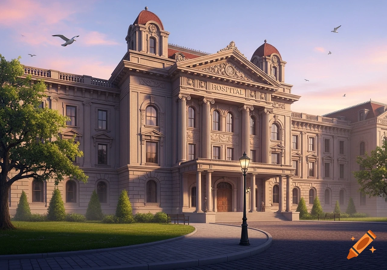 A grand, ornate hospital building with columns and decorative elements under a soft sunset sky, featuring a paved driveway and green lawn.