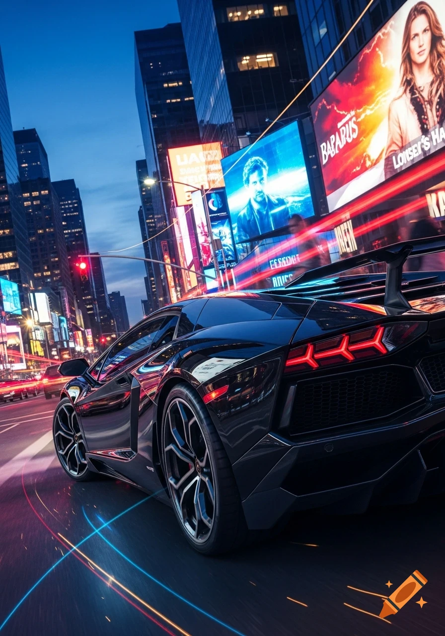 A black Lamborghini supercar with glowing red taillights speeds through a vibrant neon city street at dusk, leaving light trails.