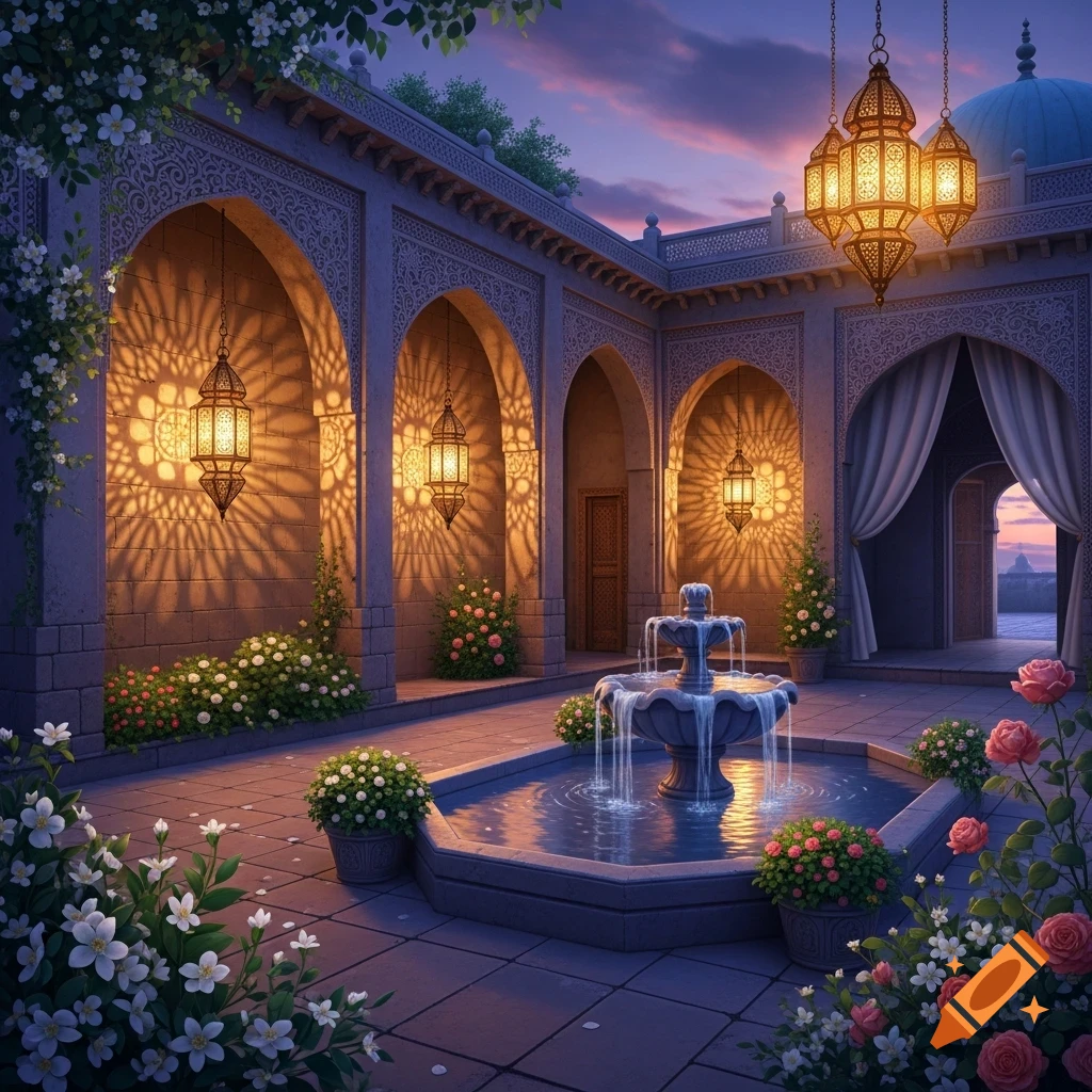 Ornate Middle Eastern courtyard with a tiered fountain, arched walkways, glowing lanterns, blooming flowers, and a sunset sky.