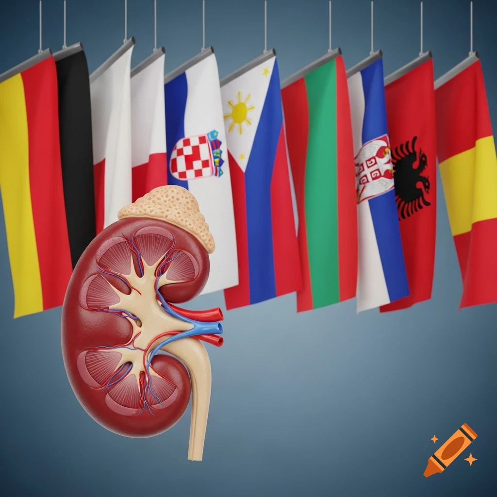 3D rendering of a human kidney in the foreground, with national flags in the background.