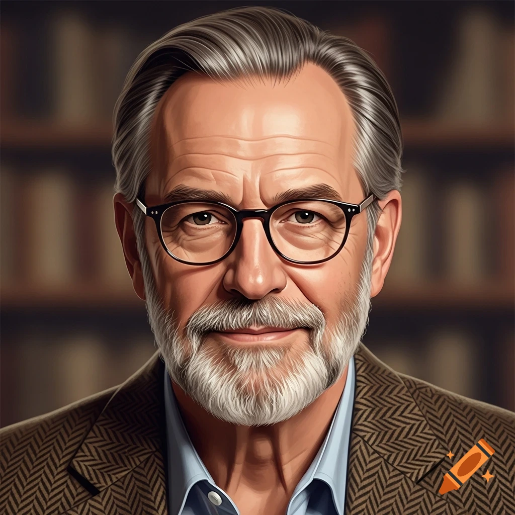 A photorealistic portrait of an older man with gray hair, beard, and glasses, wearing a tweed jacket, against a blurred bookshelf background.