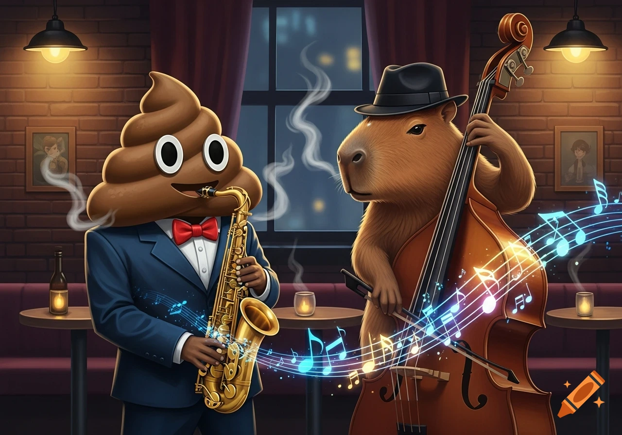 A smiling poop emoji in a suit plays saxophone next to a fedora-wearing capybara playing a double bass in a dimly lit jazz club with glowing musical notes.