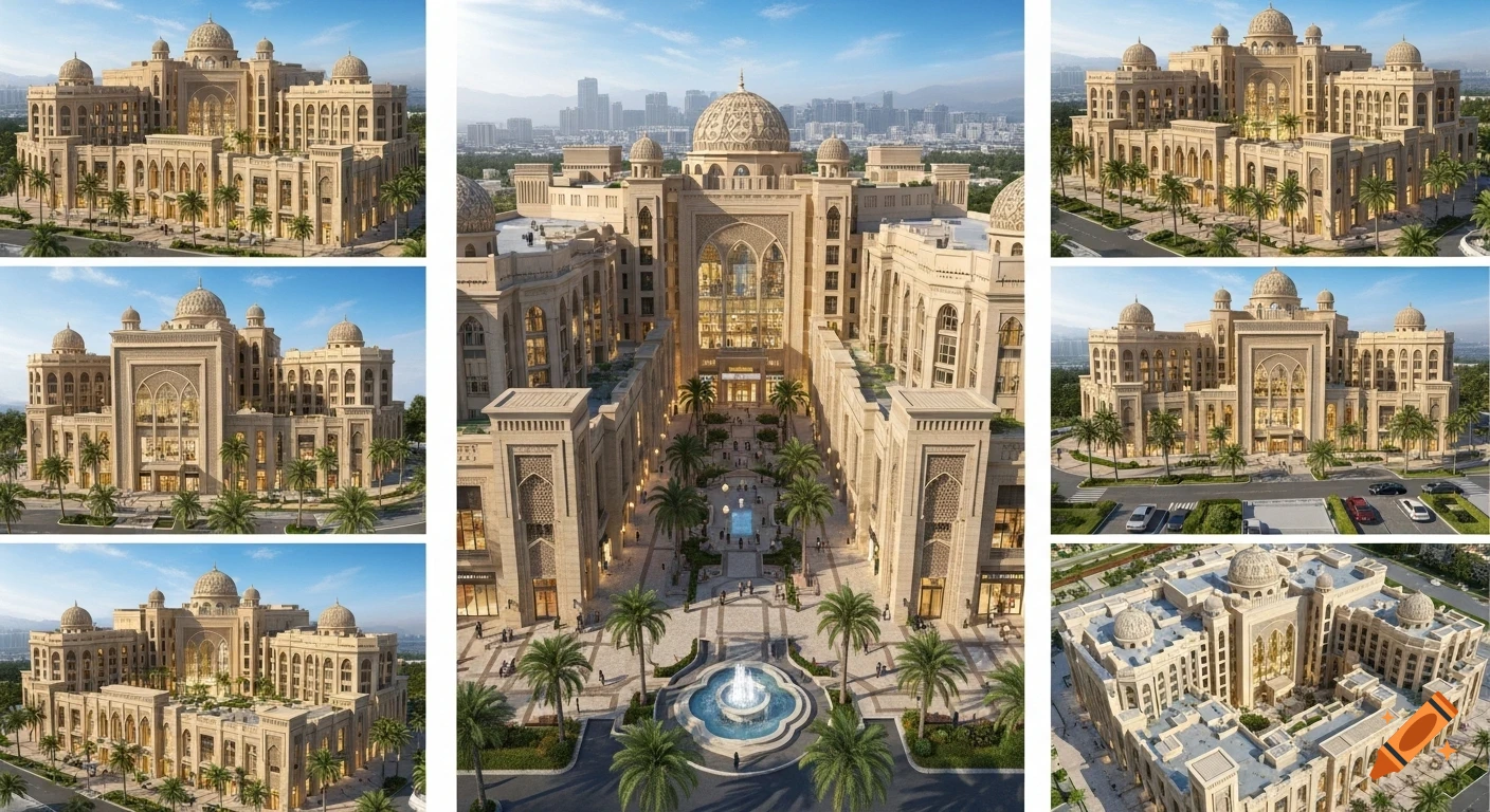 Multiple photorealistic aerial perspectives of a luxurious Arabian-Islamic style shopping mall with domes, arches, palm trees, and fountains.
