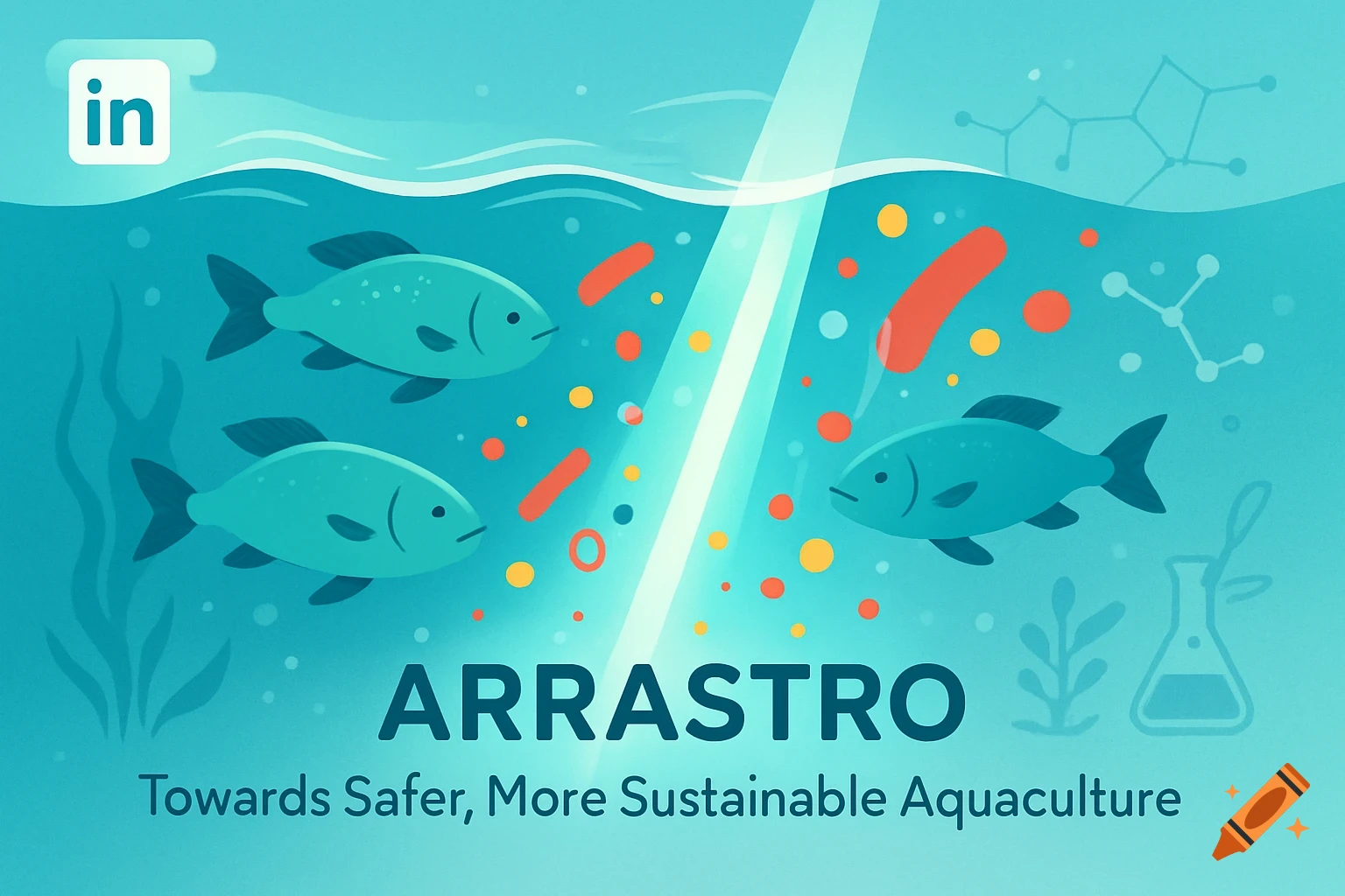 Stylized illustration of an underwater scene with fish, particles, a light beam, and text 'ARRASTRO: Towards Safer, More Sustainable Aquaculture'.