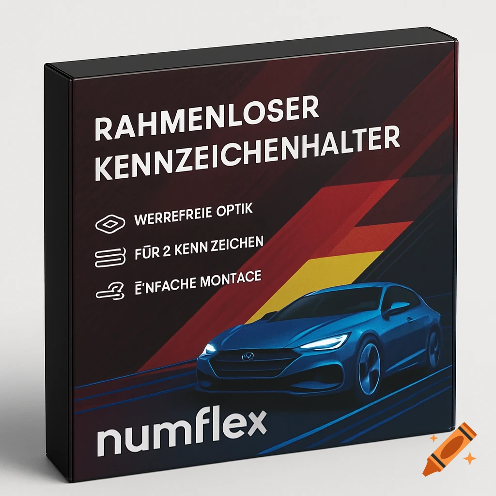Product box for a frameless license plate holder, featuring a blue car, diagonal red and black stripes, and the 'numflex' brand name.