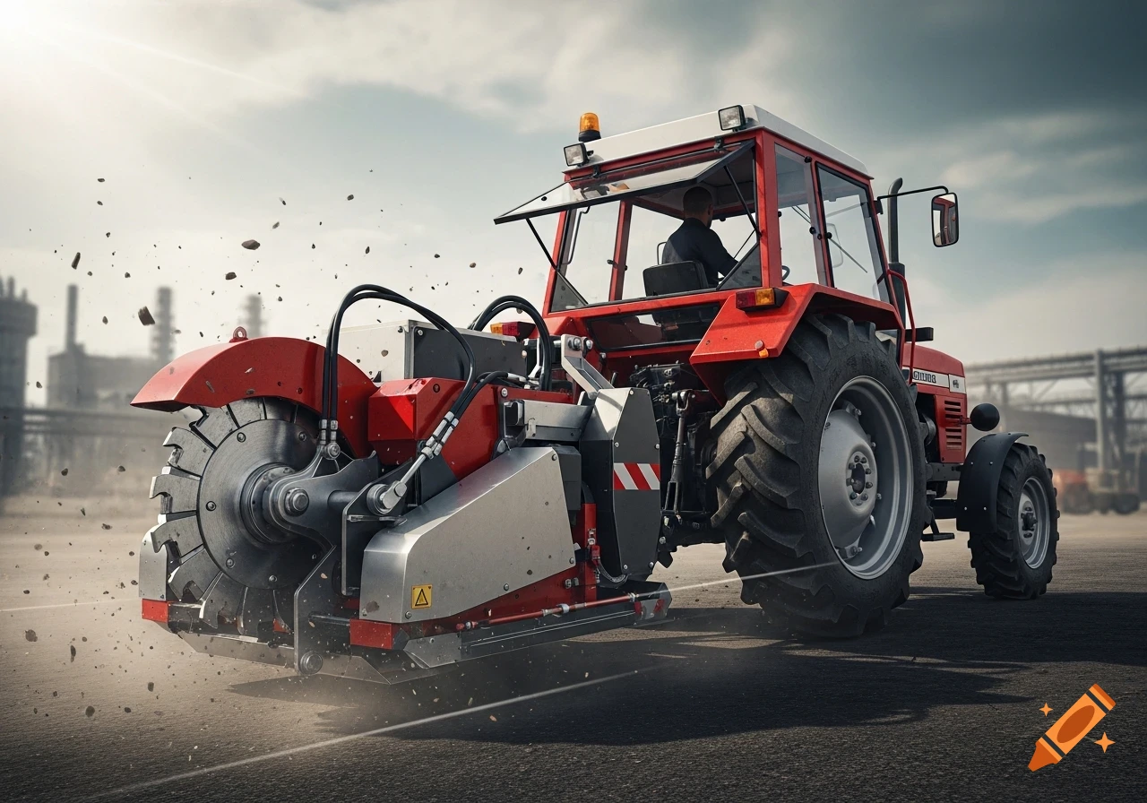 A red tractor with a large front-mounted asphalt cutting attachment kicks up debris on a paved surface, with an industrial background.