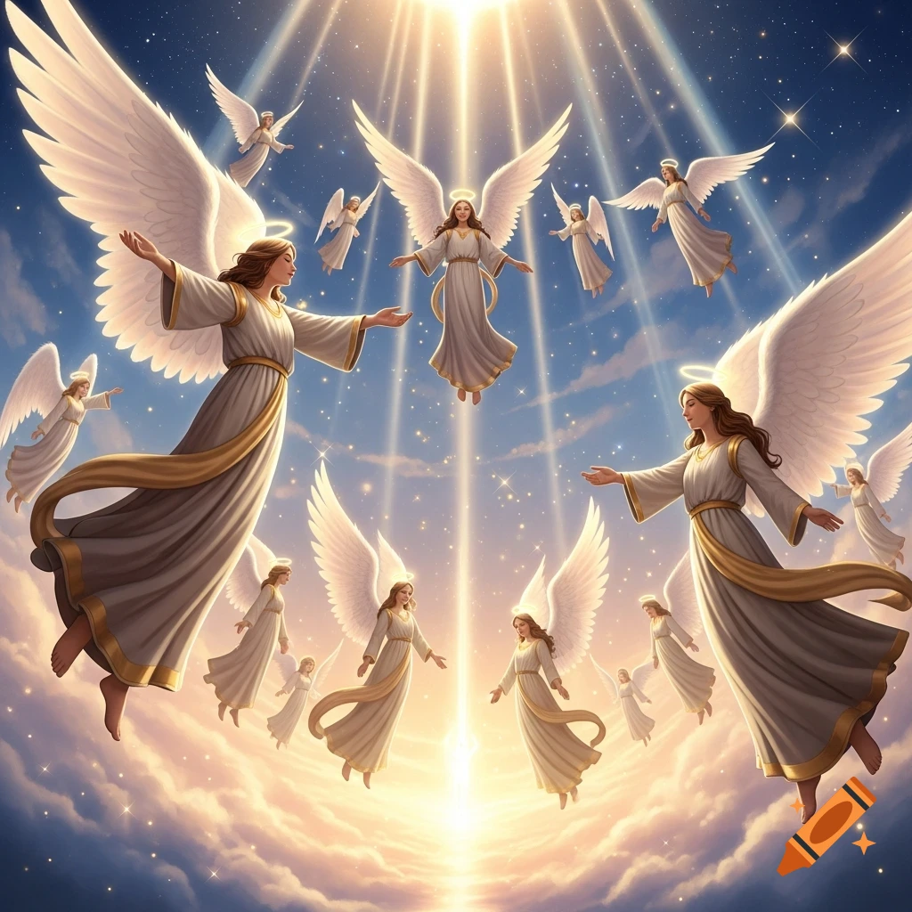 Multiple luminous angels with large white wings float in a bright celestial sky with sun rays beaming down through clouds.