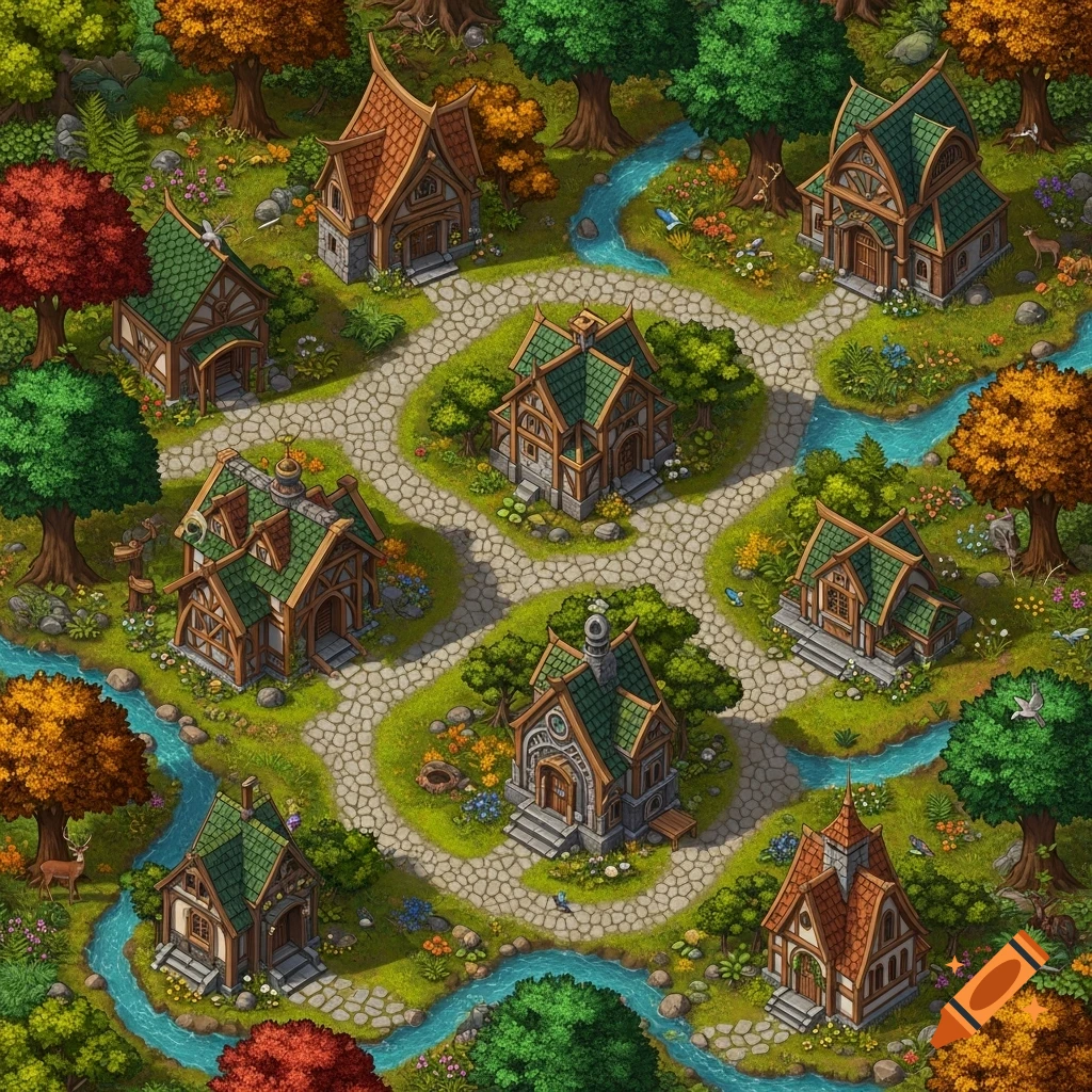 An isometric top-down view of a fantasy village with multiple houses, cobblestone paths, winding rivers, and colorful trees in autumn.