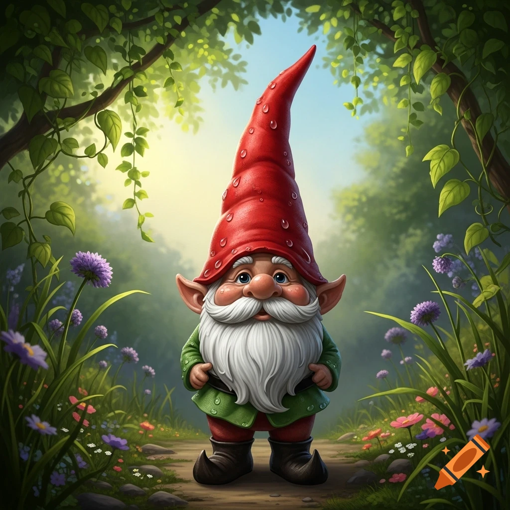A whimsical garden gnome with a large red pointed hat and a white beard stands on a dirt path in a lush green forest with wildflowers.