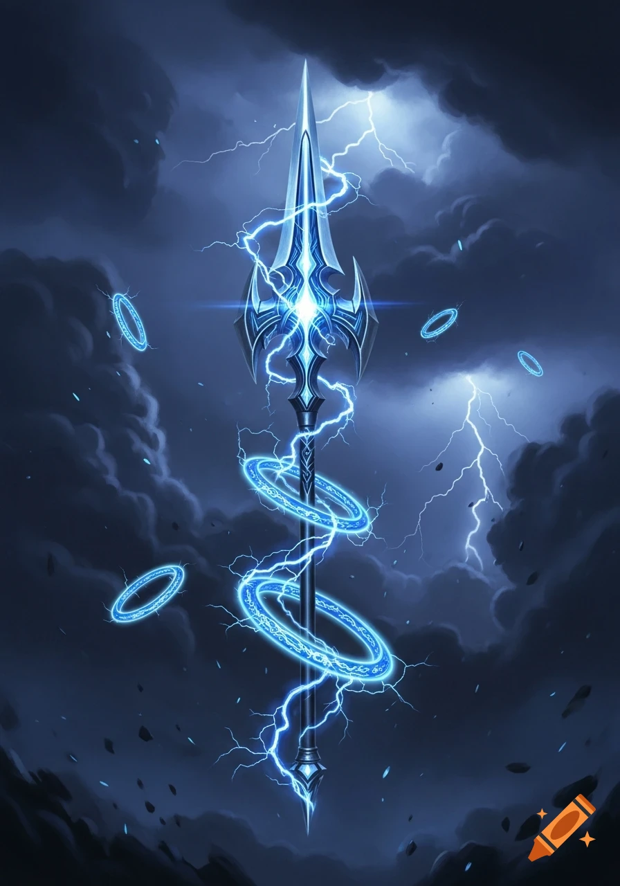 A glowing magical spear with blue lightning and floating rings in a dark, stormy sky.