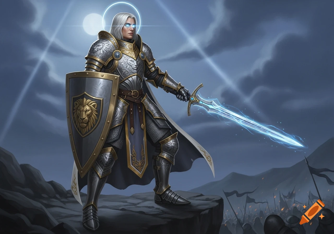 A noble paladin in radiant heavy armor and glowing eyes stands with a lion shield and electric sword against a stormy sky, a battle below.