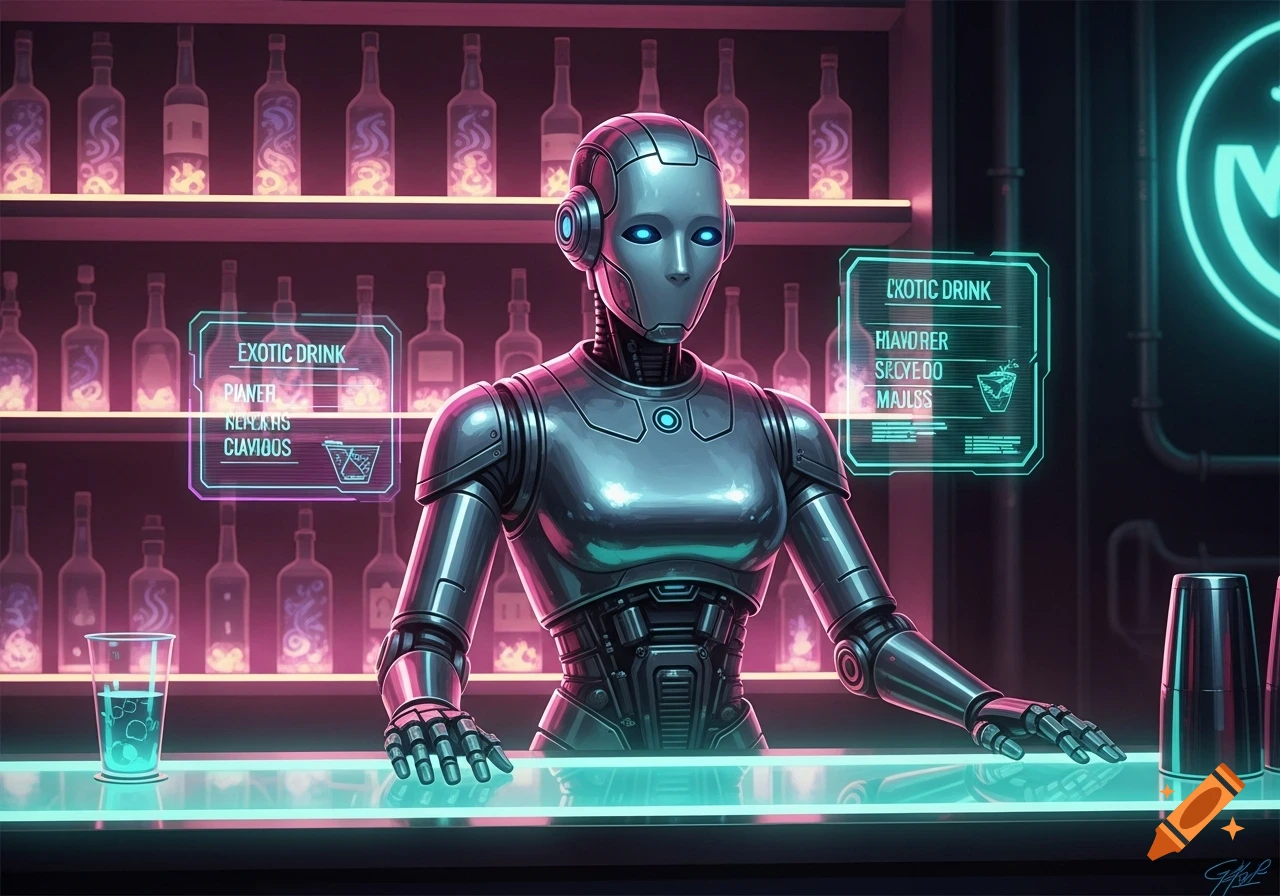 A metallic robot barman with glowing blue eyes stands behind a futuristic neon-lit bar, with holographic menus displaying garbled text.