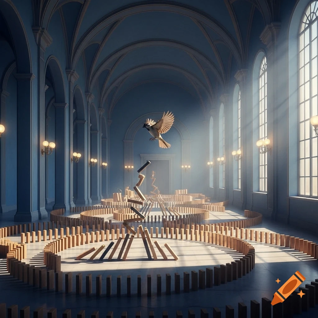 A sparrow hovers over a grand, sunlit hall filled with intricate circular domino arrangements, some toppling from a central stack.