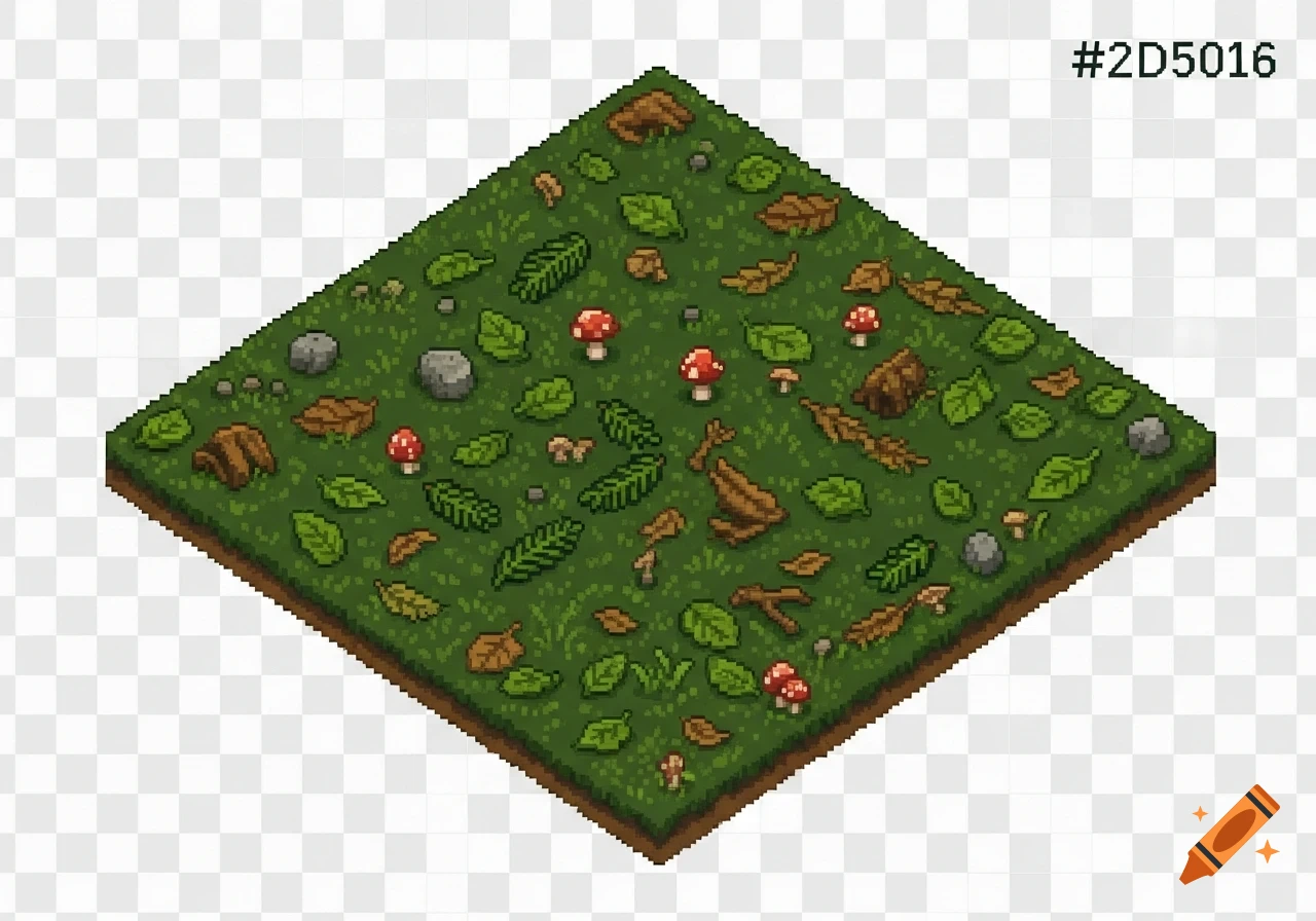 Pixel art isometric diamond tile of a dark green forest floor with fallen leaves, mushrooms, and rocks.