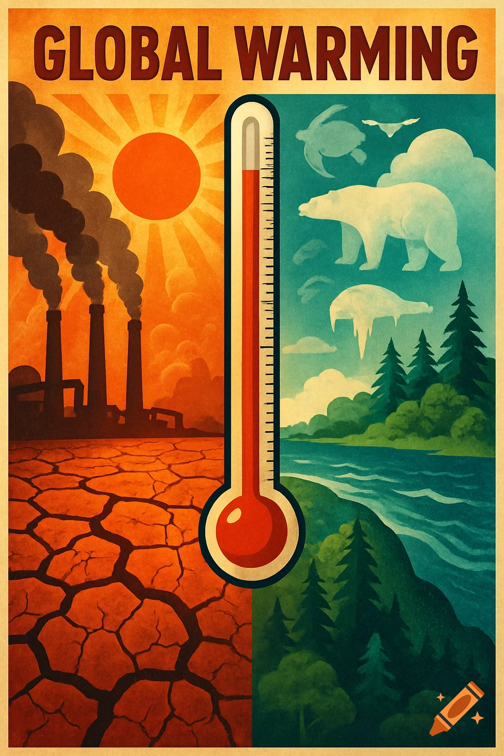 Retro global warming poster showing a hot, polluted industrial landscape contrasted with a cool, natural environment with animals, divided by a thermometer.