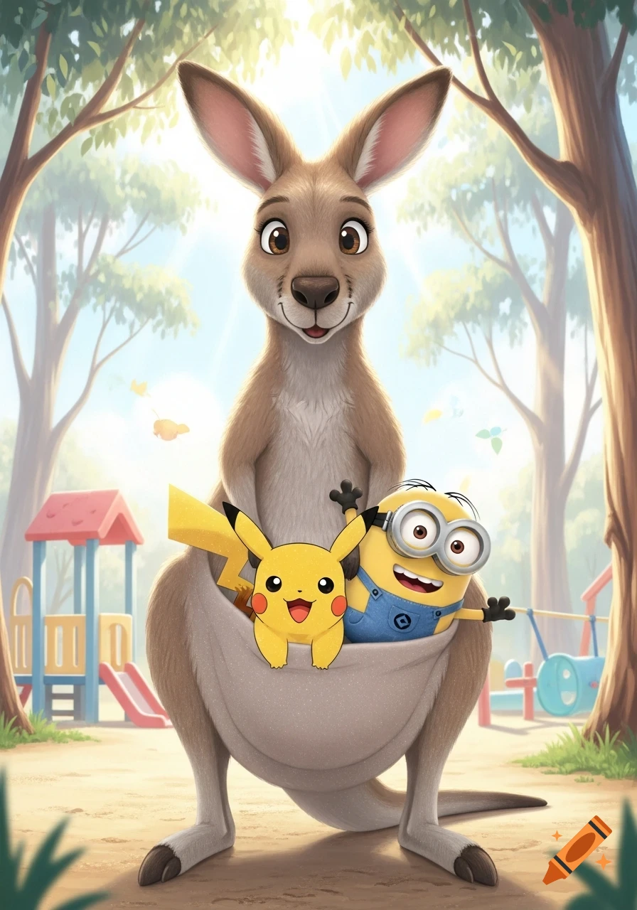 A cartoon kangaroo with a cheerful Pikachu and a Minion in its pouch stands in a sunny park playground.