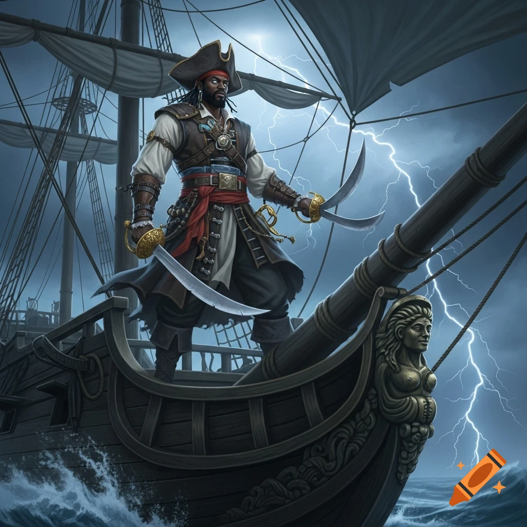 A powerful black pirate captain with dreadlocks stands on a ship's bow, holding two curved cutlasses, under a stormy, lightning-filled sky.