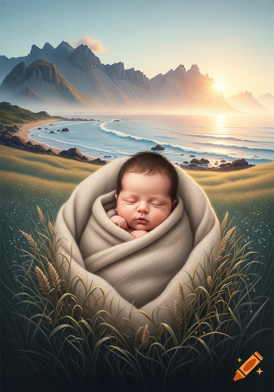 A sleeping newborn baby, wrapped in a neutral blanket, in a meadow with a coastline, mountains, and a rising sun.