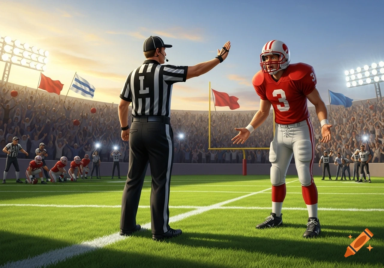 A photorealistic image of a football referee raising a hand to a player in a stadium, with other players and a crowd in the background.